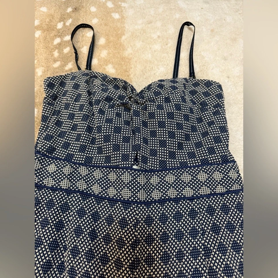 Elevenses Anthropologie bohemian geometric blue tan jumpsuit women’s size 4 - Изображение 3 из 4