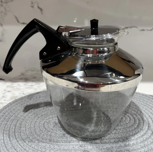 VINTAGE 50s PYREX WARE Teamaker Inc.Teakoe 12 Cup Glass Teapot Stainless 6621-12