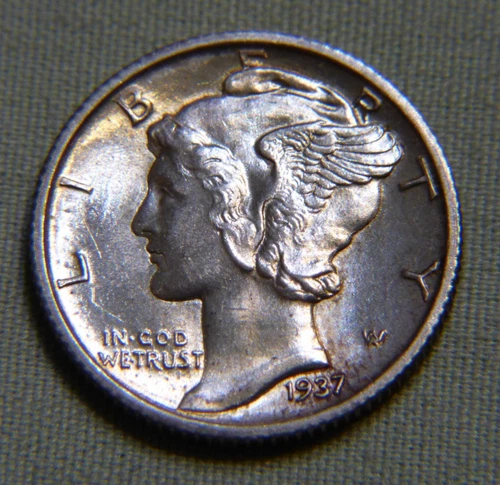 1937 D United States Silver Mercury Dime - Full Split Bands Uncirculated Lot 731