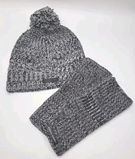Rebecca Minkoff Women Set Hat Beanie Pom Pom Armwarmers Black Gray Logo NWOT