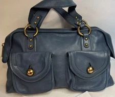 MARC JACOBS BLUE LEATHER BAG  DUFFEL DOME SATCHEL HANDBAG ZIP TOP LARGE PURSE