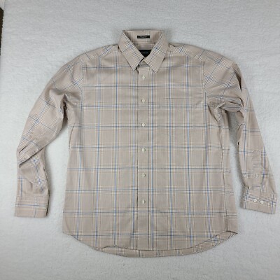 Eddie Bauer Dress Shirt Mens Large Brown Blue Plaid Wrinkle