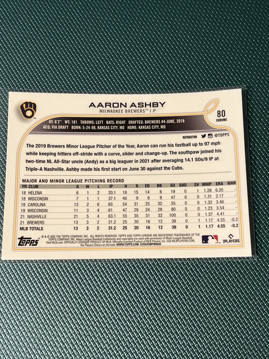 2022 Topps Chrome Sonic Base Refractor #80 Aaron Ashby - Milwaukee