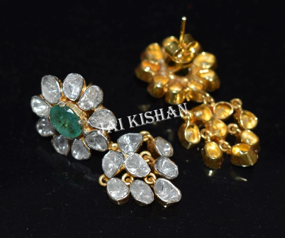 Unschliffene Polki-Diamant-Ohrringe Aus 925 Sterling Silber Mit Smaragd Schmuck - Bild 2 von 4