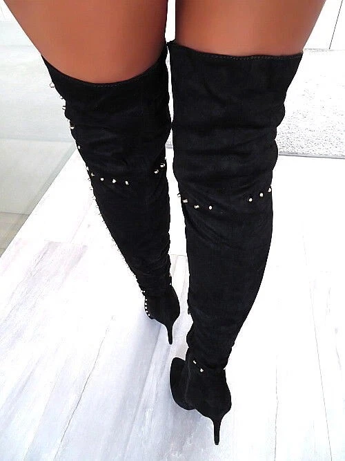 Lady Rose Original Tacones Altos Tachuelas OTK Sobre la Rodilla Botas Negro 38 Foto 4 de 4