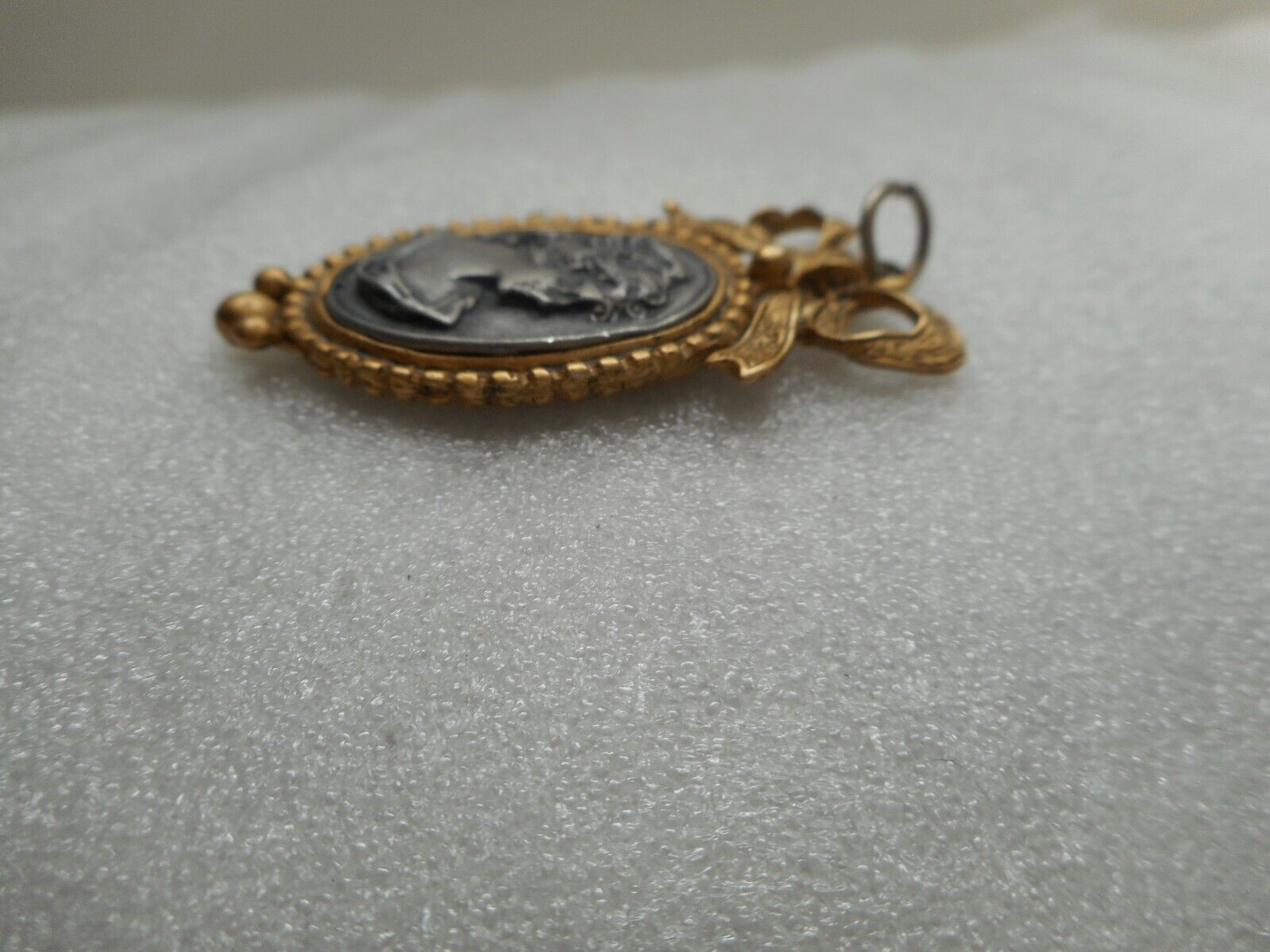 Vintage Pewter Cameo Pendant Embossed Bow Brass F… - image 7