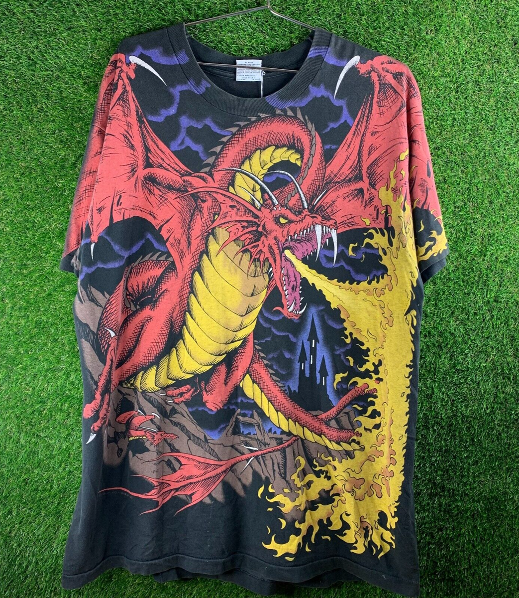 Vintage All Over Print Liquid Blue Dragon Knight 1993 T-shirt Size 