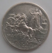 1914 Italy 2 Lire Silver, VITTORIO EMANUELE 111 RE'D DITALIA-Animals Myth People