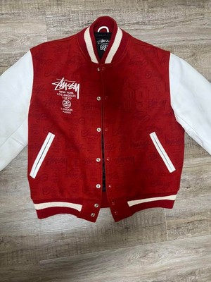 Stussy World Tour 25th Letterman Varsity Jacket Red White Size L