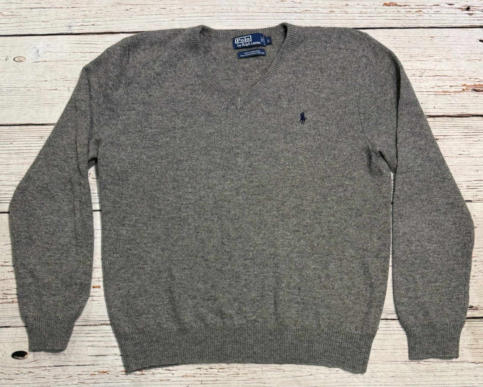 Vtg Polo Ralph Lauren 100% Lambs Wool Sweater Gray V Neck Men’s Sz L. Read