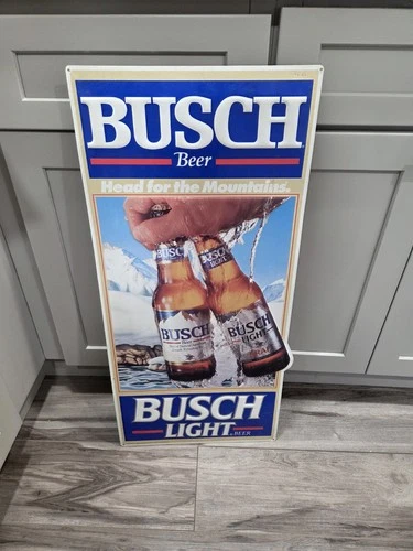 Vintage Busch Beer Tin Metal Bar Sign Busch Light Mountains Embossed Bar Tacker