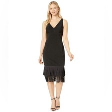 Adrianna Papell Ottoman V-Neck Fringe Dress Black Size 16 NWT