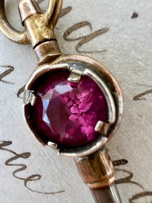Antique Victorian Gold Filled Pocket Watch Key with Faceted Pink Paste