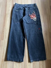 Vintage 90’s Jnco Jeans Black Denim Flaming Skull Y2K Baggy Men’s Size 34x30