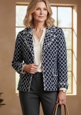 TALBOTS Petites 12P Cotton Woven Jacquard Geo Blazer Jacket Academia Navy Preppy