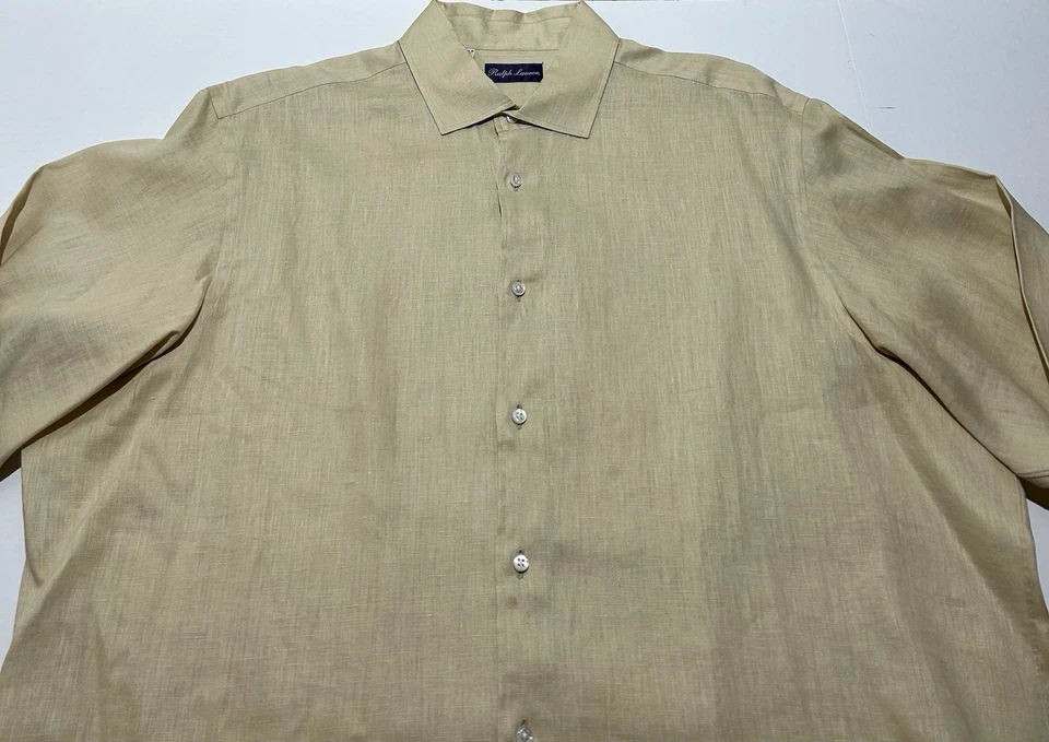 Ralph Lauren фиолетовый ярлык платье рубашка мужская XXL 18 льняной желтовато-коричневый на пуговицах пятна! - Изображение 2 из 4