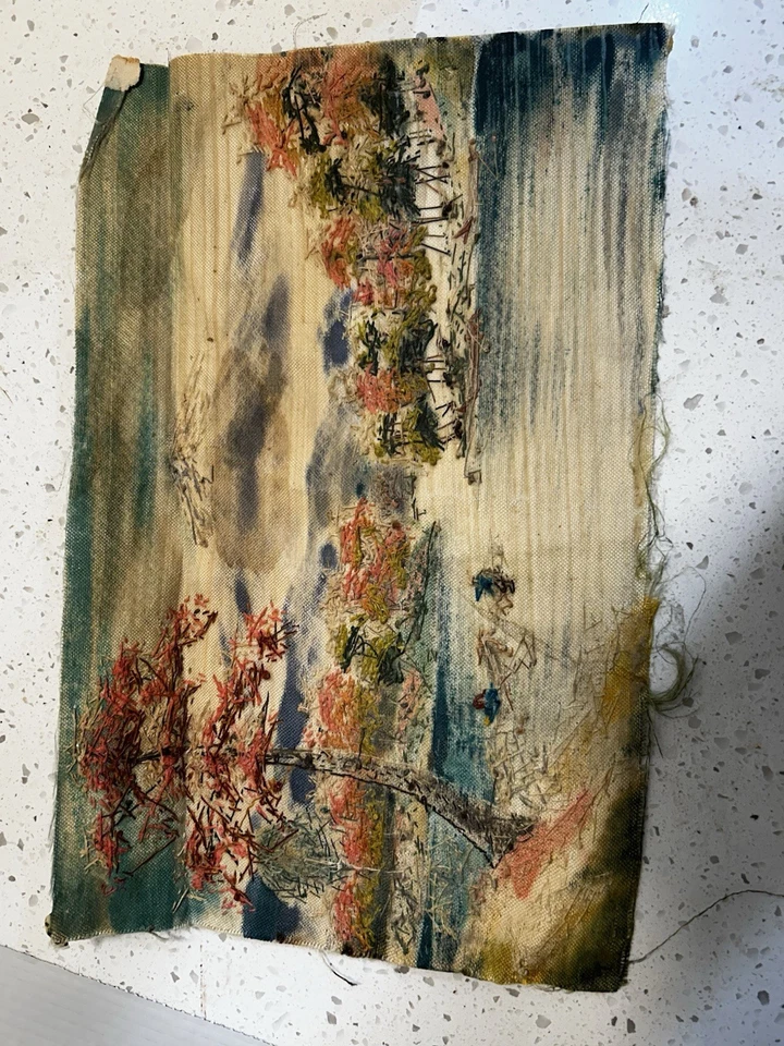 Embroidered Silk Framed Wall Art Japanese Boats Mount Fuji 12x19" Vintage Decor - Image 4 of 4