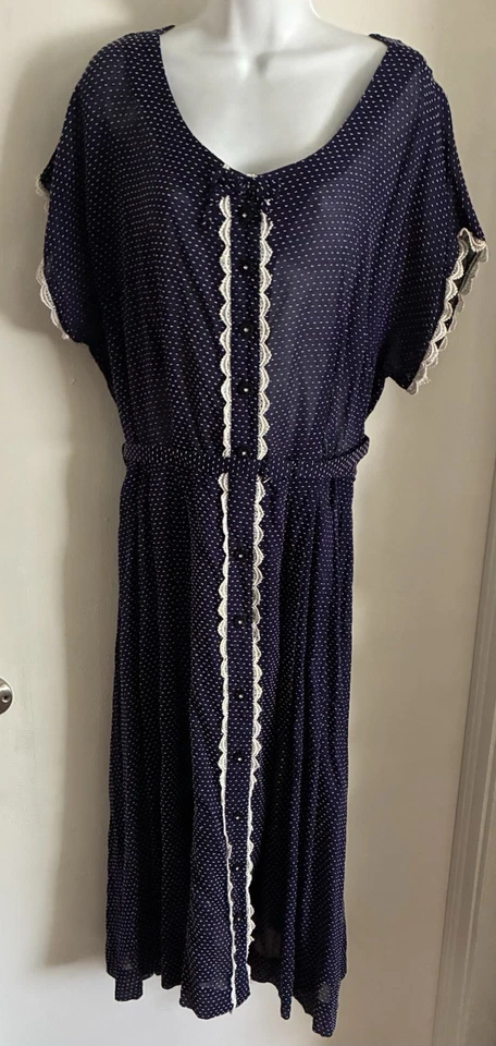 Vtg 40s 50s SWEEP Rhinestone Lucite Button LUCY Belt Day Dress Swiss Dot Lace XL - Image 2 of 4