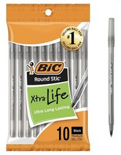 BIC Round Stic Xtra Life Ballpoint Pens Black Medium 1.0mm 10 Pack