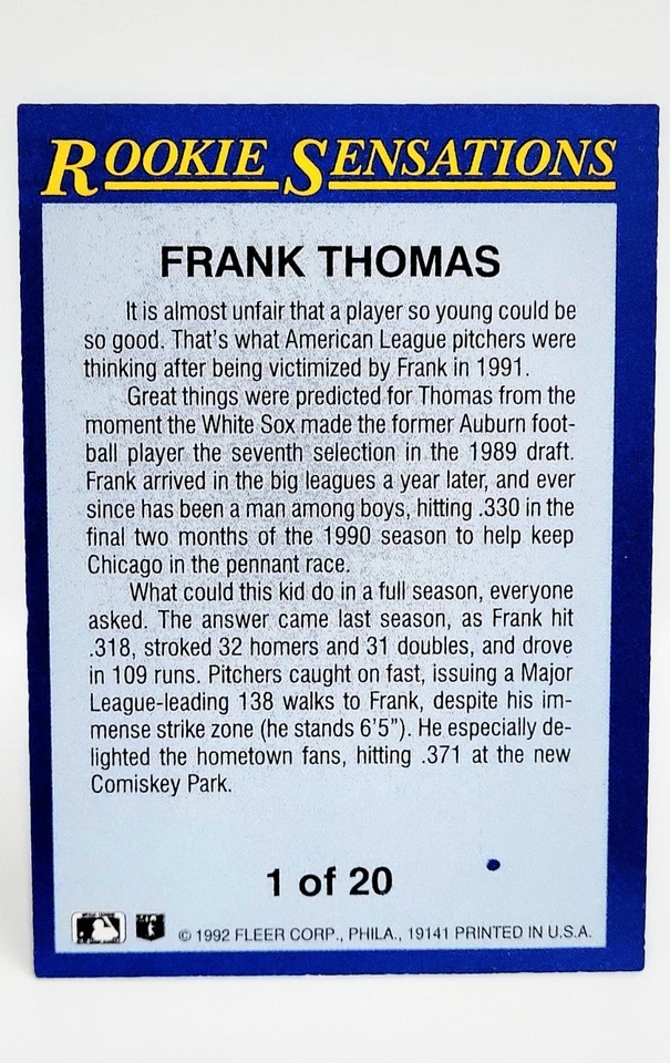 1992 Fleer Rookie Sensations Фрэнк Томас 1 из 20 Chicago Whitesox Зал славы. - Изображение 2 из 4