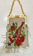 Antique Micro Beaded Purse Birds Cherries Butterfly Roses 2-Sided -Lucite Frame