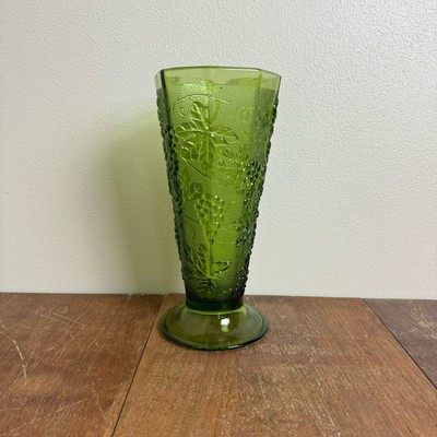 Vintage Anchor Hocking Avocado Green Grape Pattern Embossed Flower Vase