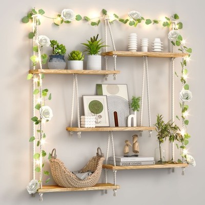 Hanging Shelves for Wall Macrame Hanging Plant Shelf with Vine Lights Boho Decor