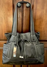 Tignanello Brown Leather Shoulder Bag with White Contrast Stitching ~ VGUC