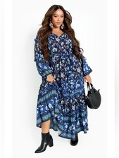 Aveology Blue Floral Tiered Maxi Dress with Waist Tie and Balloon