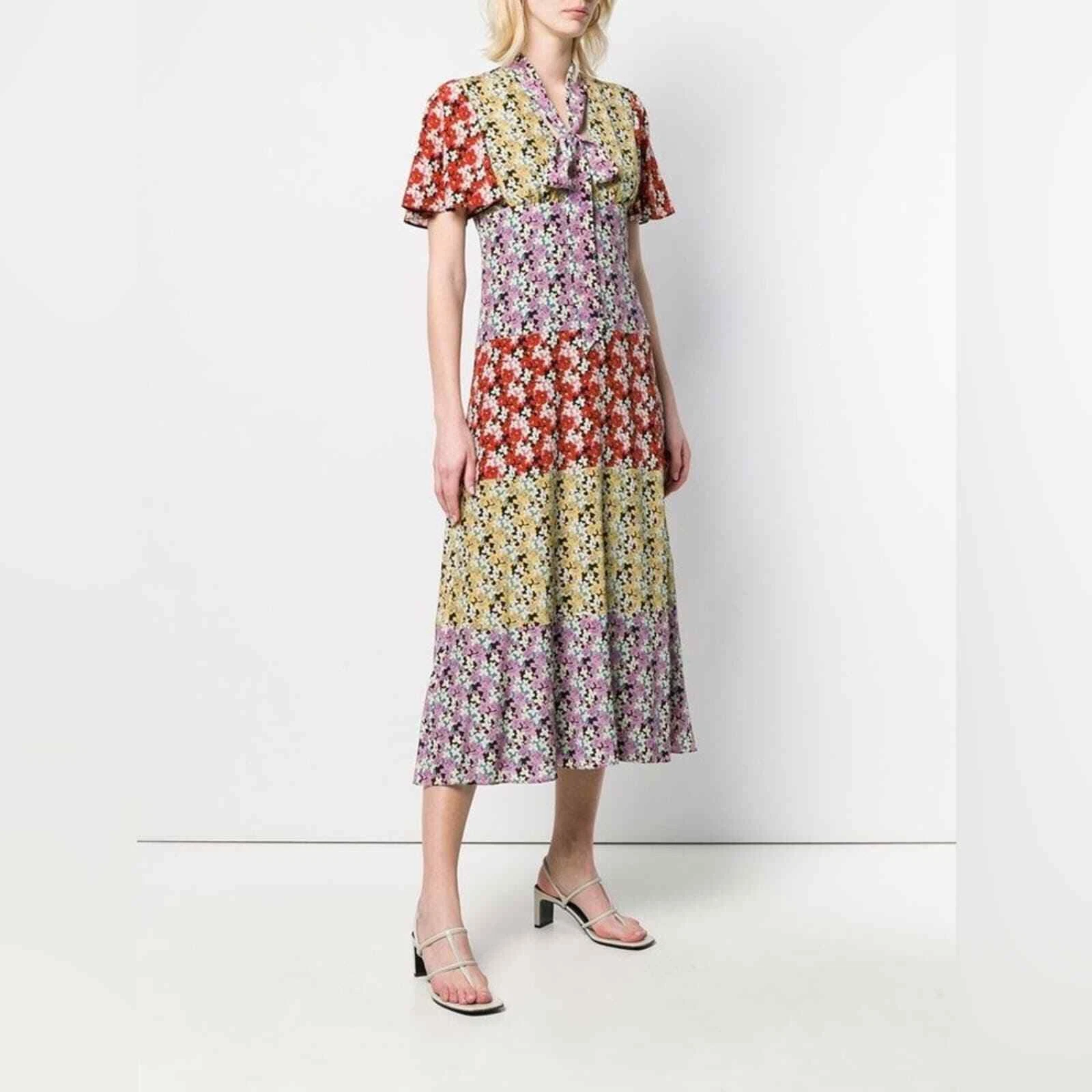 Abito Midi Valentino Multicolore Giallo Rosso Rosa Floreale Seta IT 46