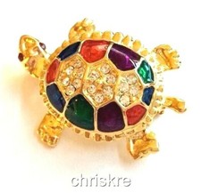 Gold Sea Life Turtle Pin Brooch Crystal Nautical Green Blue Enamel Island Plated