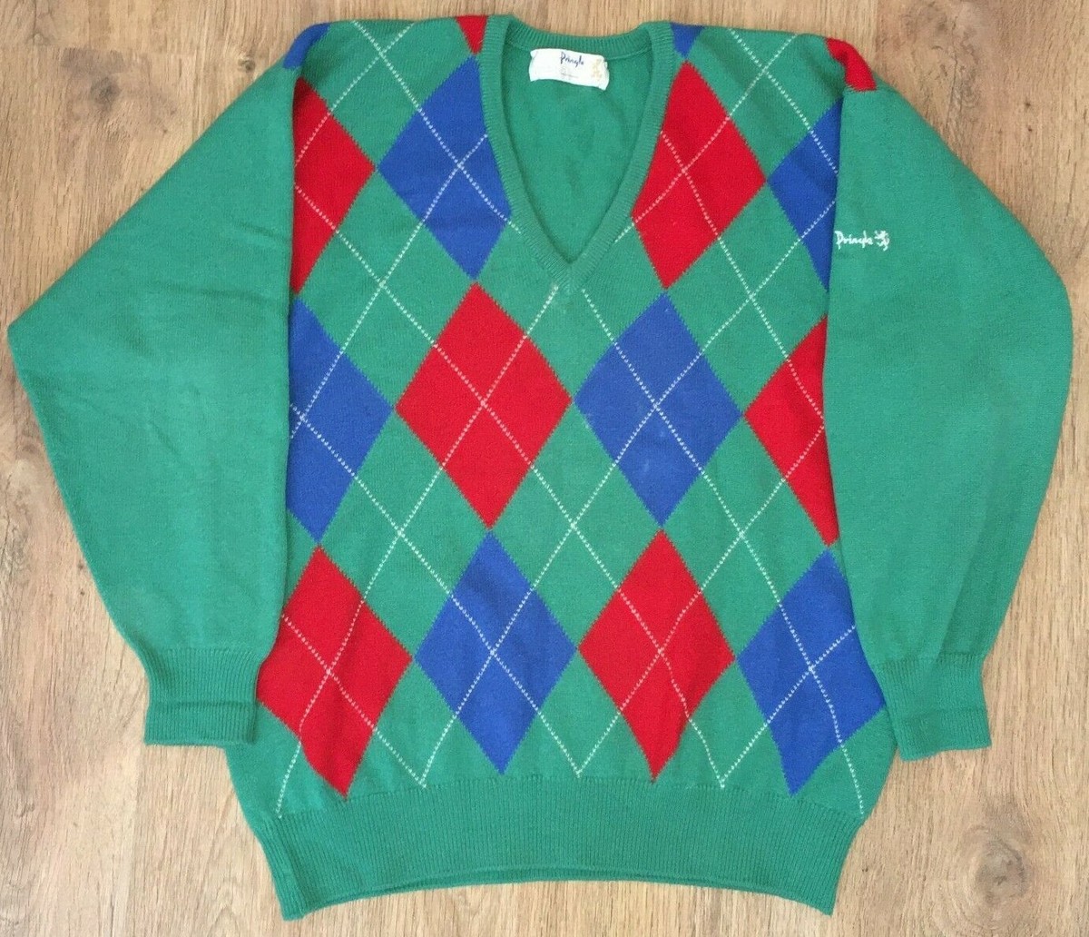Pringle Sports mens Green Multicolor Geometric Wool V Neck Sweater
