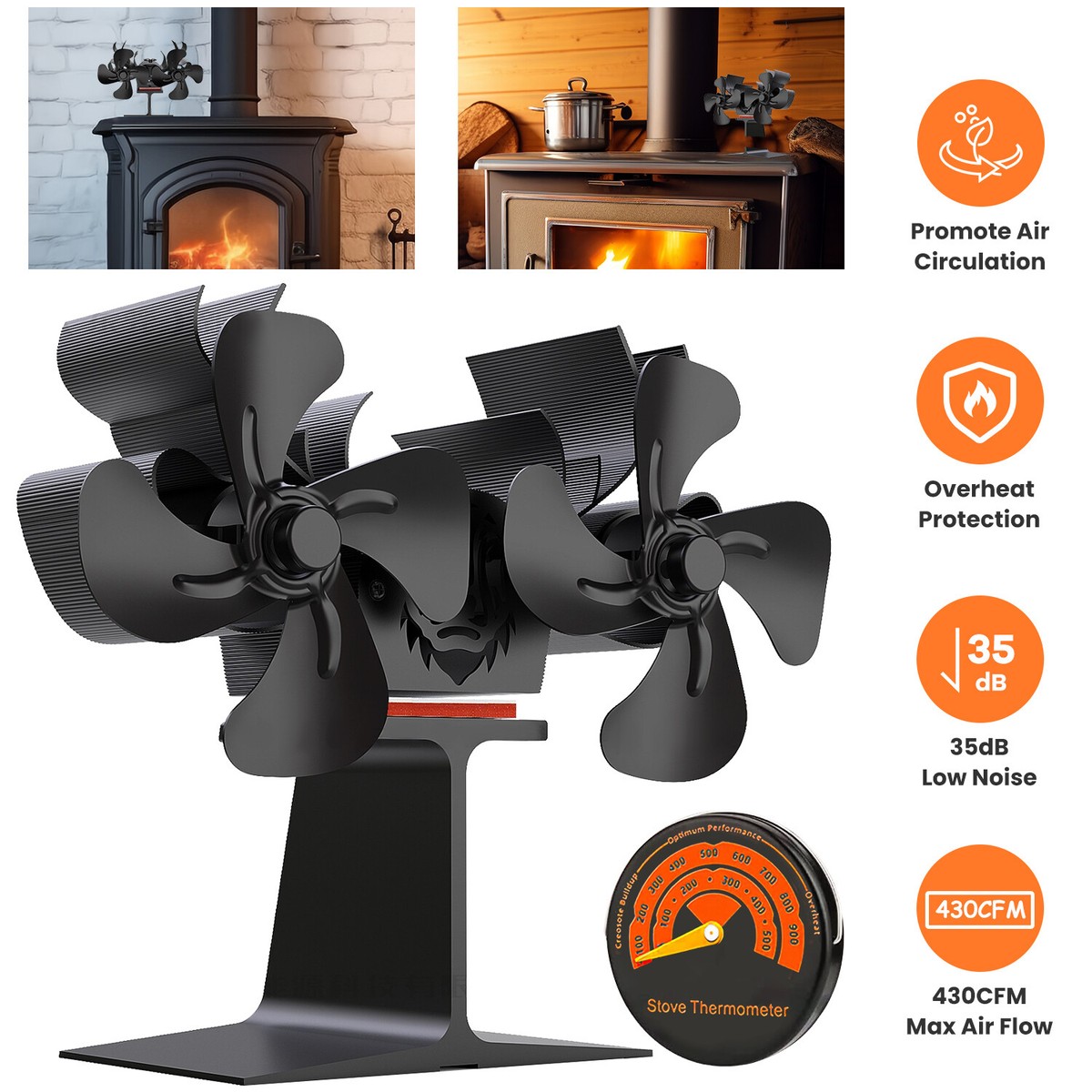 Heated Wood Stove Fan Powered Dual Motor Thermal Fan Wood Burning