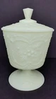 Vtg Fenton Custard Satin Glass Wild Strawberry Footed Compote Candy Box w/ Lid