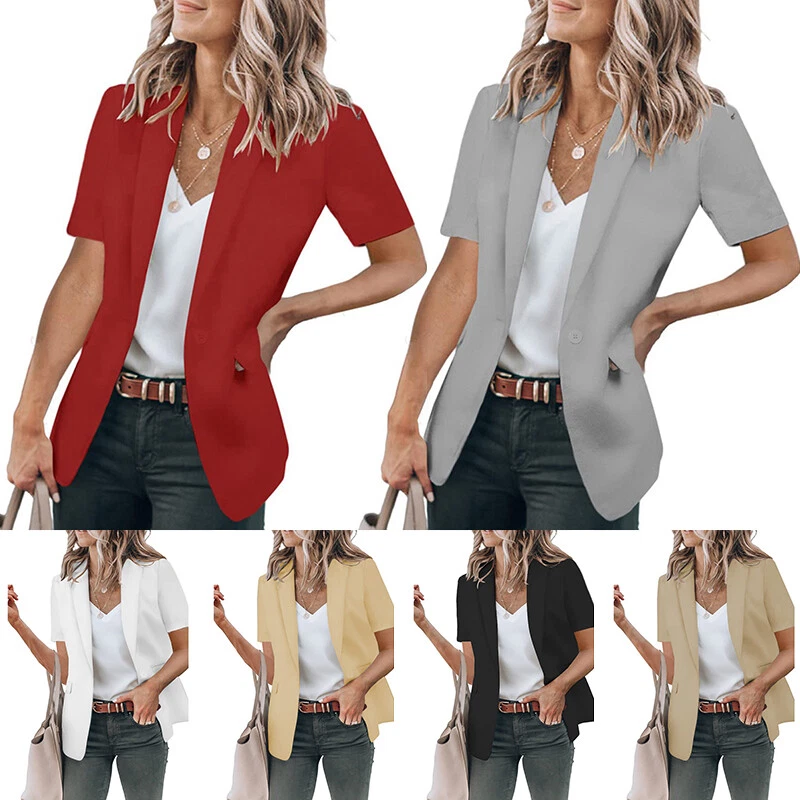 Women's Longline Blazer Suit Slim Tailor Ladies Short Sleeve Coat Formal Jacket✿ - Image 4 of 4