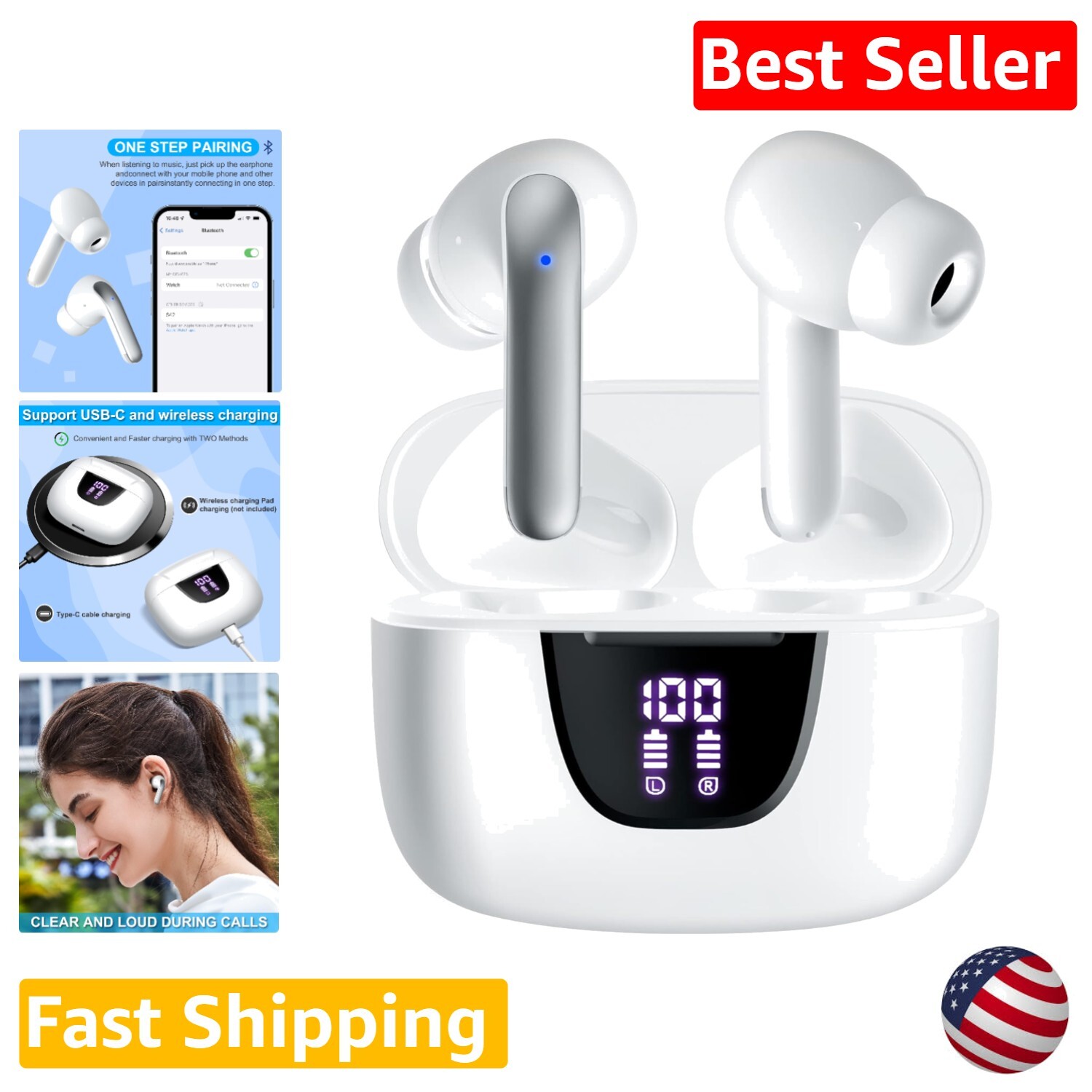 Wireless Earbuds with LED Display, 40H Playtime, Waterproof & Touch Control-image