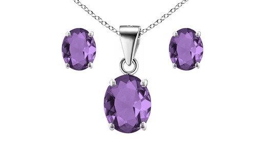 925 Sterling Silver Amethyst Oval Cut Pendant Necklace and Earring Set For Women