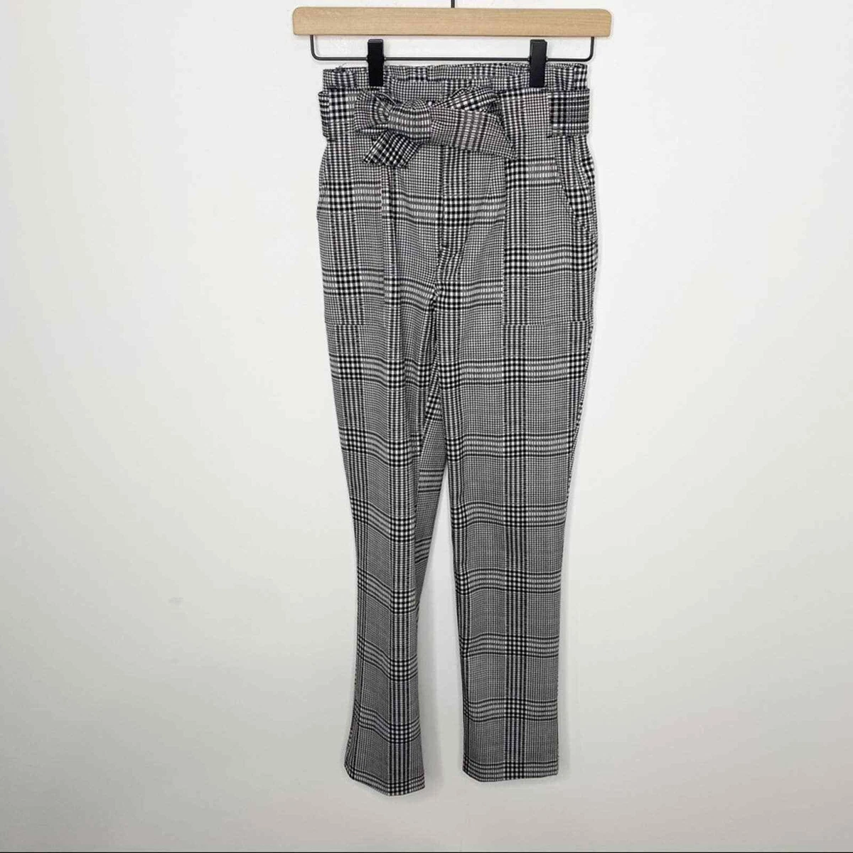 Vylette Size 0 high waisted pants fabric belt black white plaid Glen Plaid New