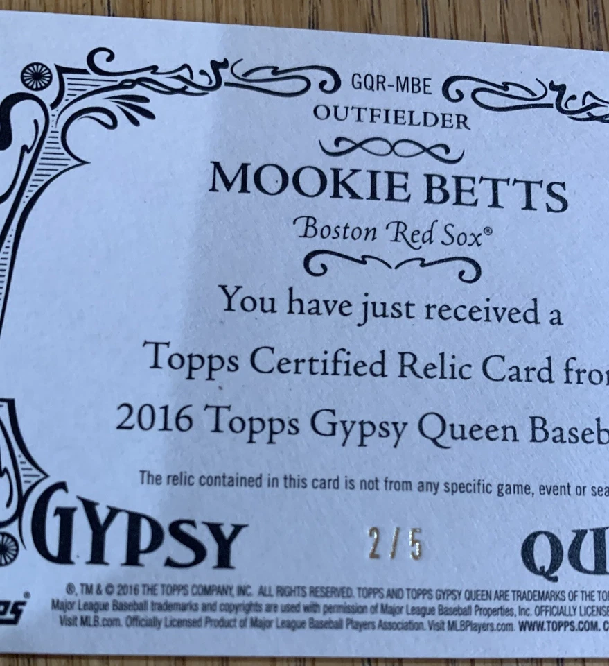 Mookie BETTS🔥2016 Topps Gypsy Queen Red Patch Relic #GQR-MBE 2/5 NM Red Sox📈 - Image 3 of 3