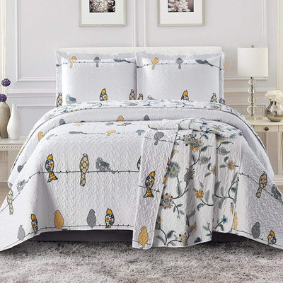 Ayat Birds Oversized Coverlet Set, Luxury Printed Design Quilt, Bedspread Set - 