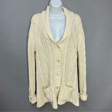 Vintage Cardigan Sweater Cream Off-White Slouchy Cable Knit Acrylic Pockets Med