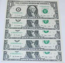 5-2009 Star notes $1 DOLLAR BILL UNCIRCULATED 5 Consecutive Notes Bank of Boston