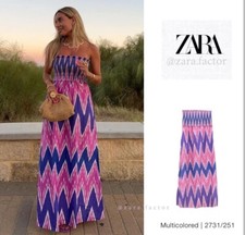 ZARA NWT Purple Strapless Printed Midi Dress Smocked Bodice Maxi Boho 2731/251 S