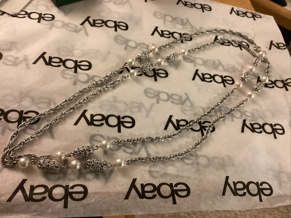 VINTAGE, Sarah Coventry Necklace Faux White Pearl Silver Tone 52” Chain - Image 2 of 4