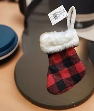 Mini Buffalo Check Red Plaid w/ White Faux Fur Top Christmas Stocking 6" x 4.5"