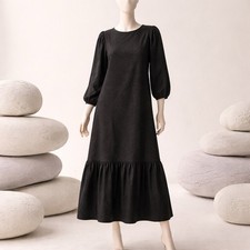 Women’s Elegant Black Midi Dress Long Sleeve Round Neck Belted Size S
