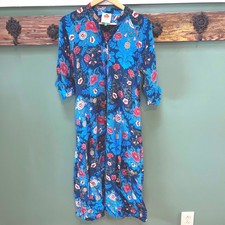FARM Rio Floral Midi Dress Blue Red V Neck Button Front Long Sleeve Size XS