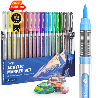 JusArt Acrylic Paint Markers Brush Tip 18 1 Count (Pack of 18), 18 Colors