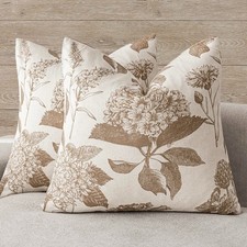 Set of 2 Linen Floral Throw Pillow Covers 20x20 Inch Light Brown