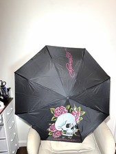 Ed Hardy Compact Umbrella Auto Open Auto Close Rubberized Handle Skull Rose NWT